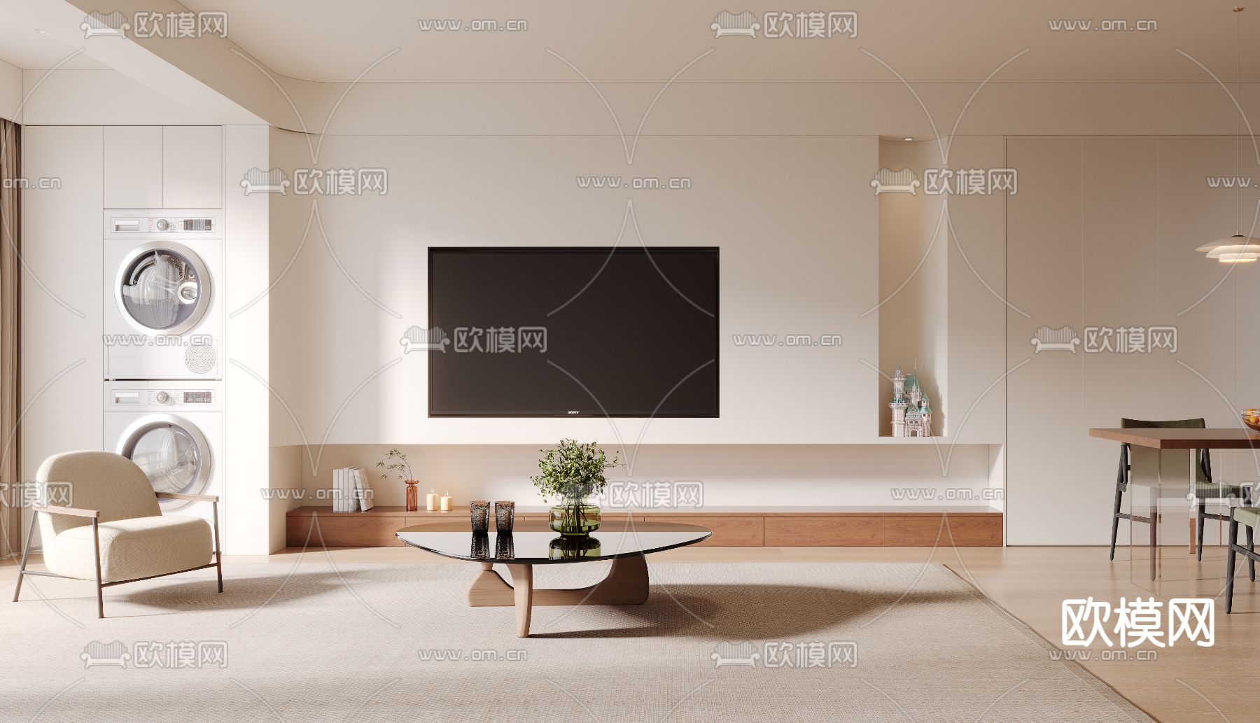 奶油风客餐厅3d模型下载（渲染图2）