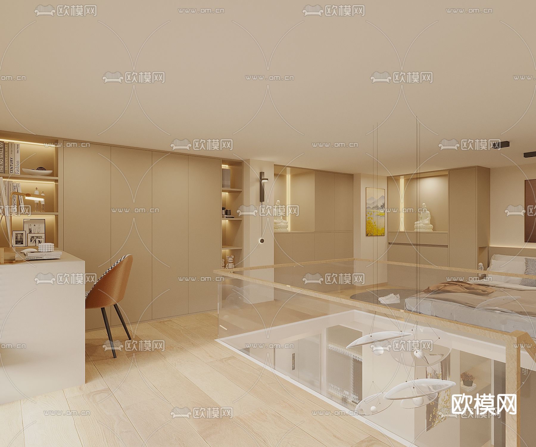 奶油风loft公寓3d模型下载（渲染图3）