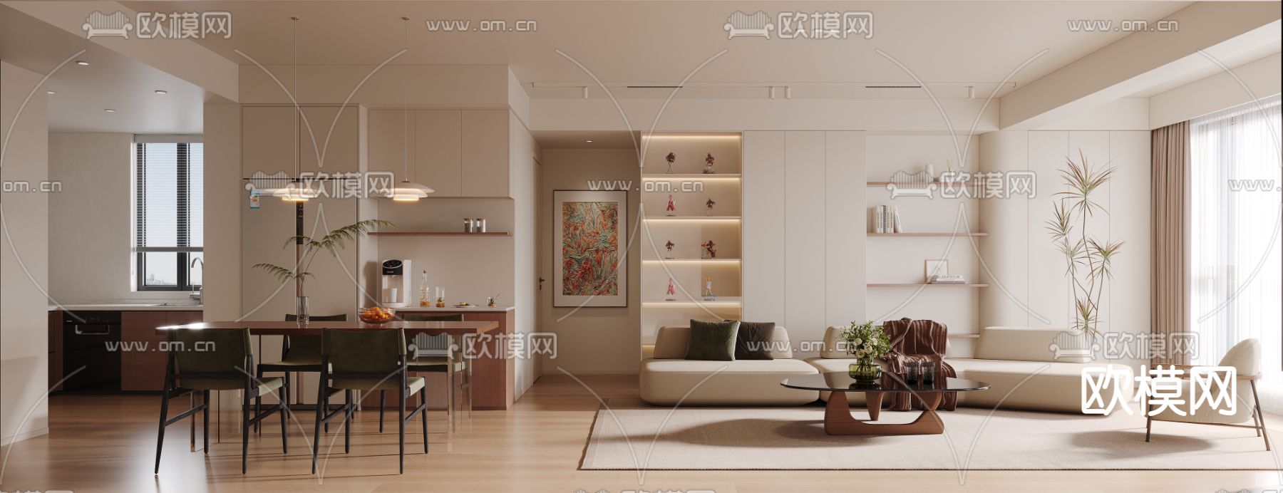 奶油风客餐厅3d模型下载（渲染图1）