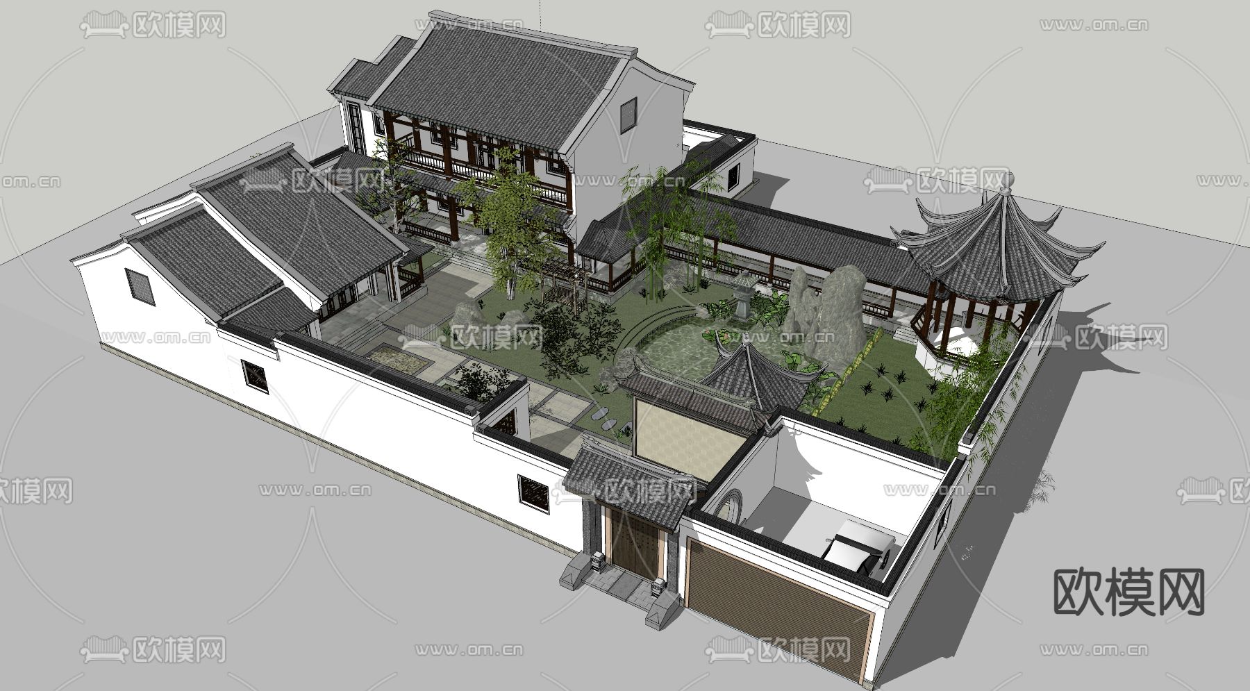 中式庭院 花园su模型下载（渲染图2）