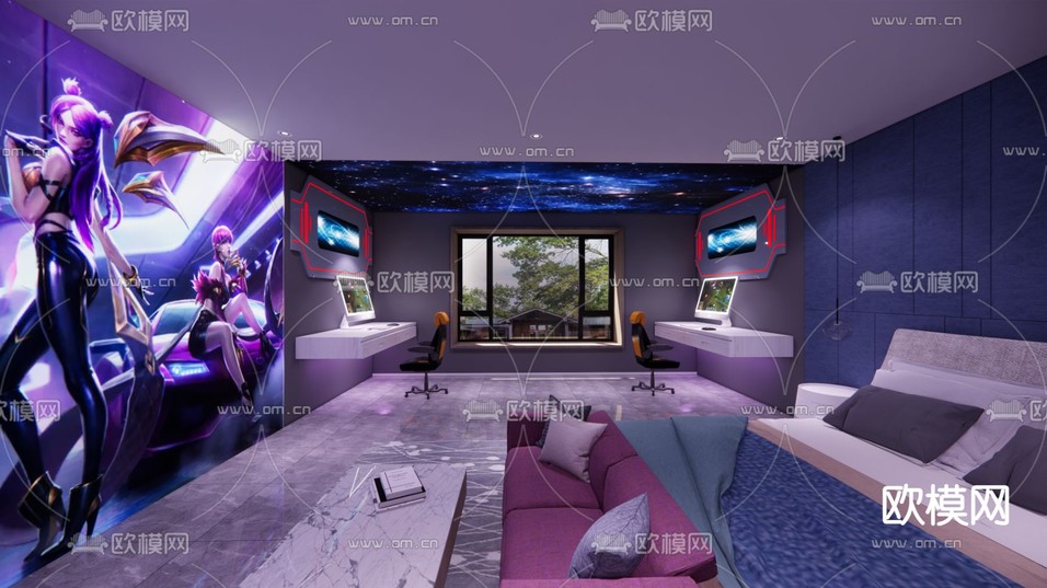 网咖 酒店电竞房su模型下载(渲染图1)