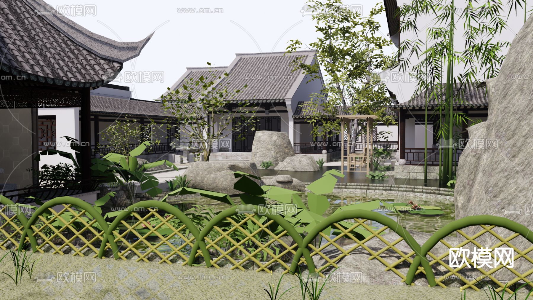 中式庭院 花园su模型下载（渲染图5）