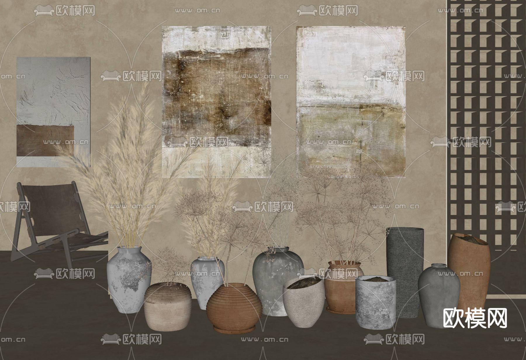 侘寂风干支 陶罐 花瓶摆件su模型下载（渲染图1）