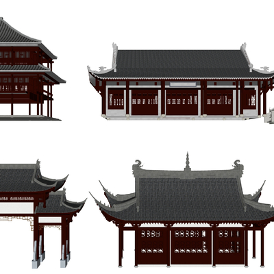  现代古建筑 古街道古庙su模型 
