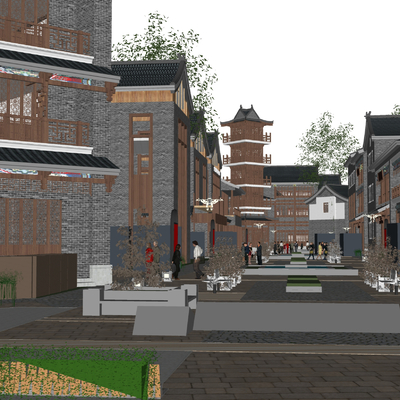  现代古建筑 古街道古庙su模型 