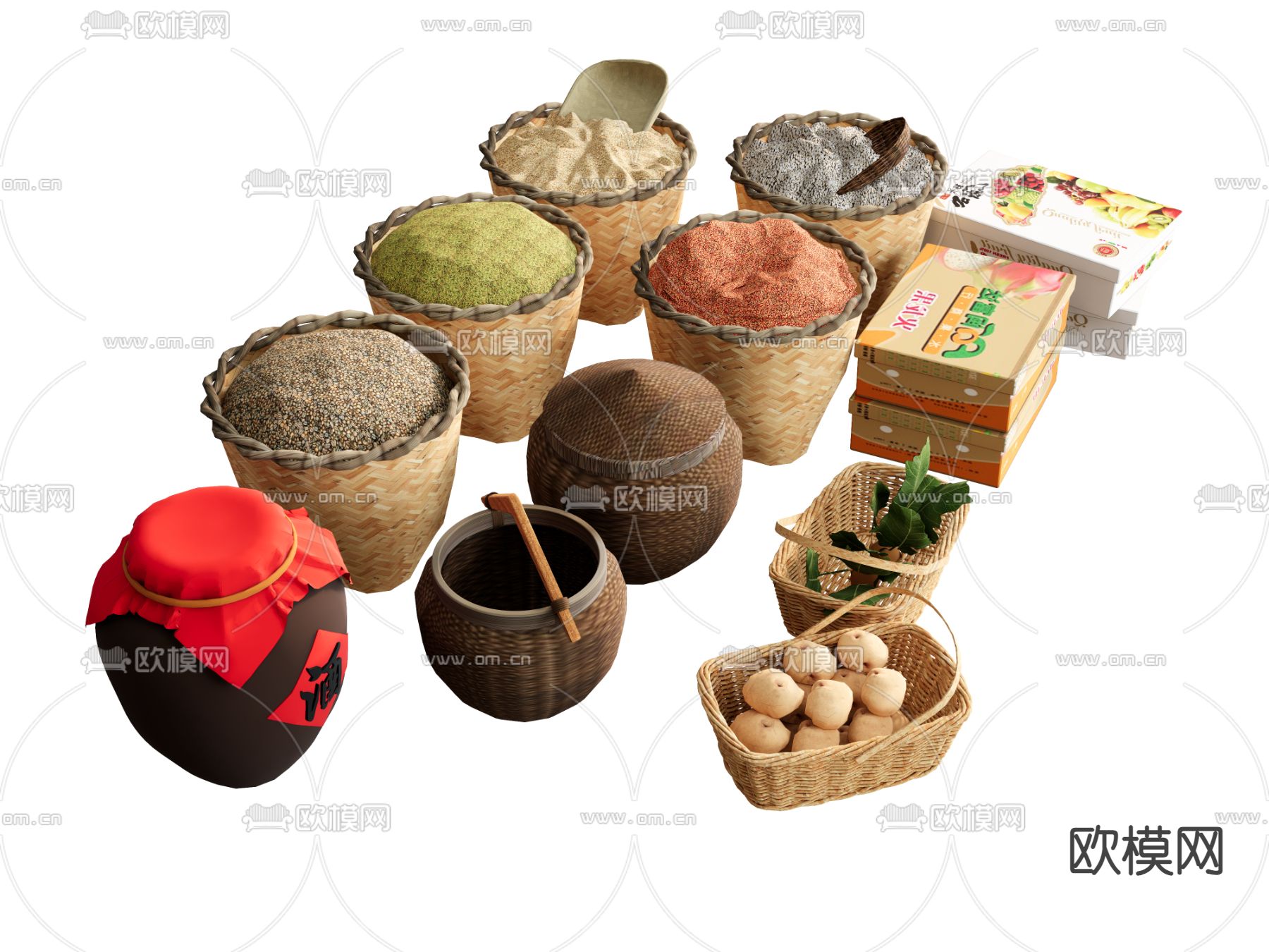 食物 粮食 酒钢 大米 蔬菜 竹篮su模型下载（渲染图2）