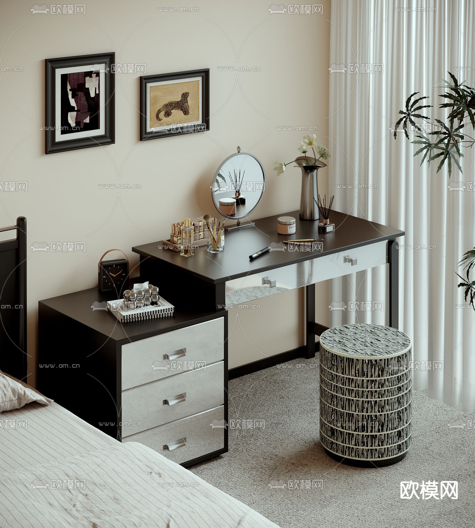 中古风梳妆台su模型下载（渲染图2）