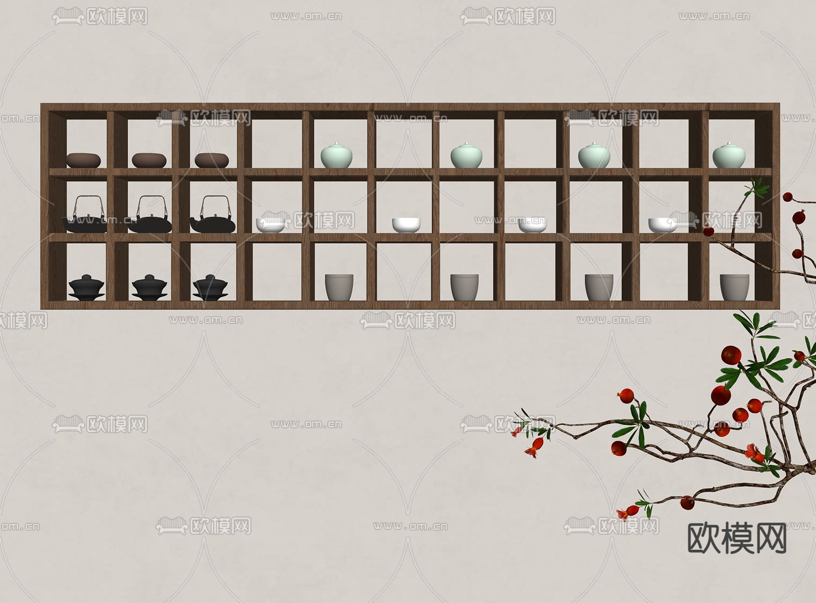 侘寂风茶柜 壁挂式高山格架su模型下载（渲染图1）