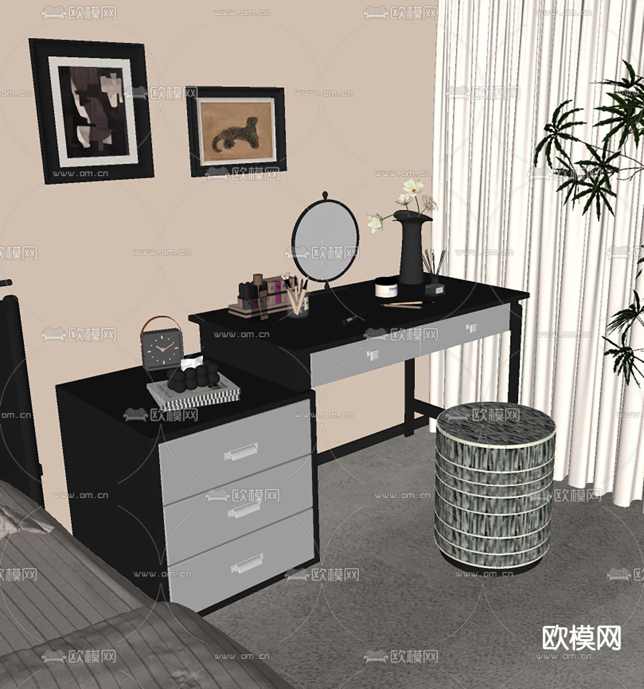 中古风梳妆台su模型下载（渲染图1）