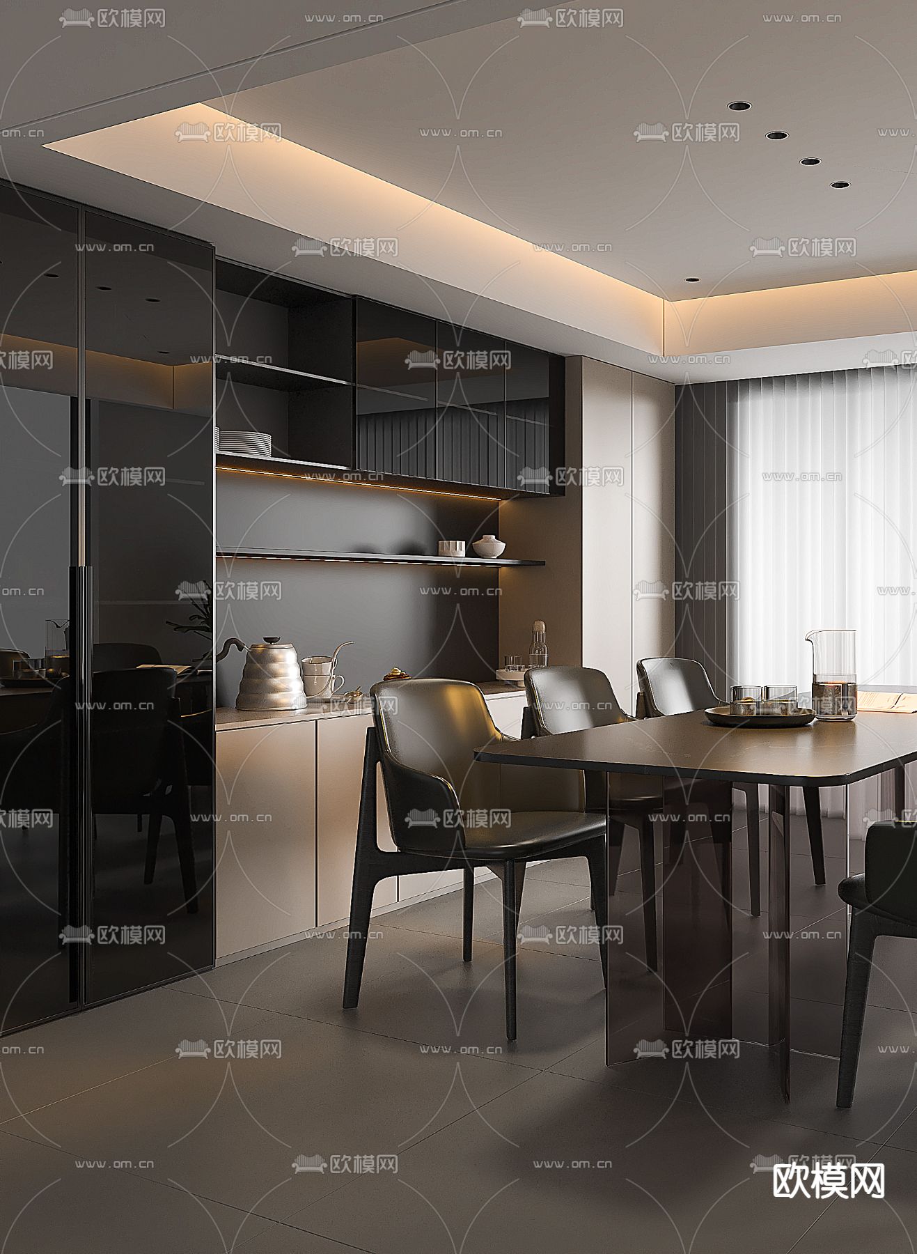 暗黑餐厅 长方形餐桌 3d模型下载（渲染图2）