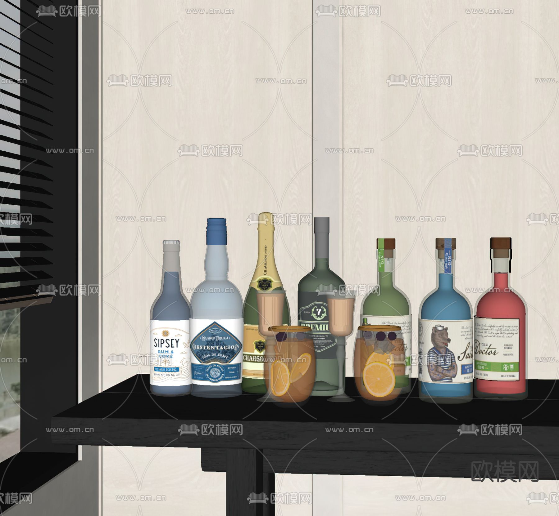 现代红酒 洋酒 饮料 食物su模型下载（渲染图1）