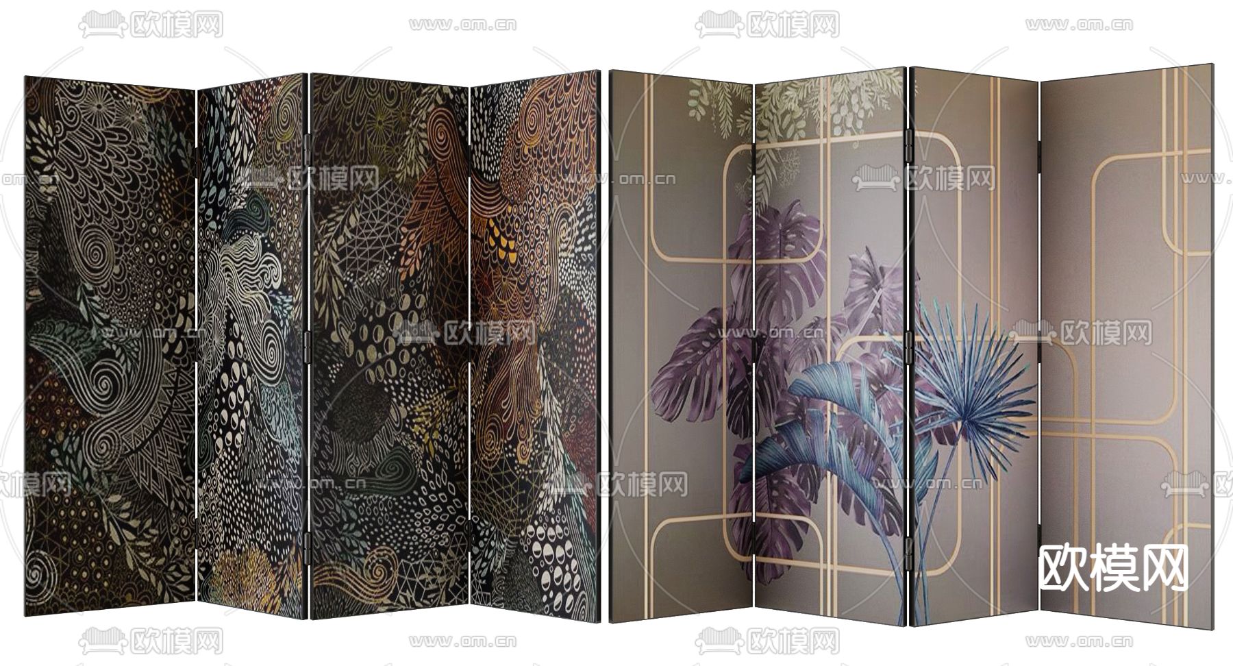 中古风壁画屏风3d模型下载