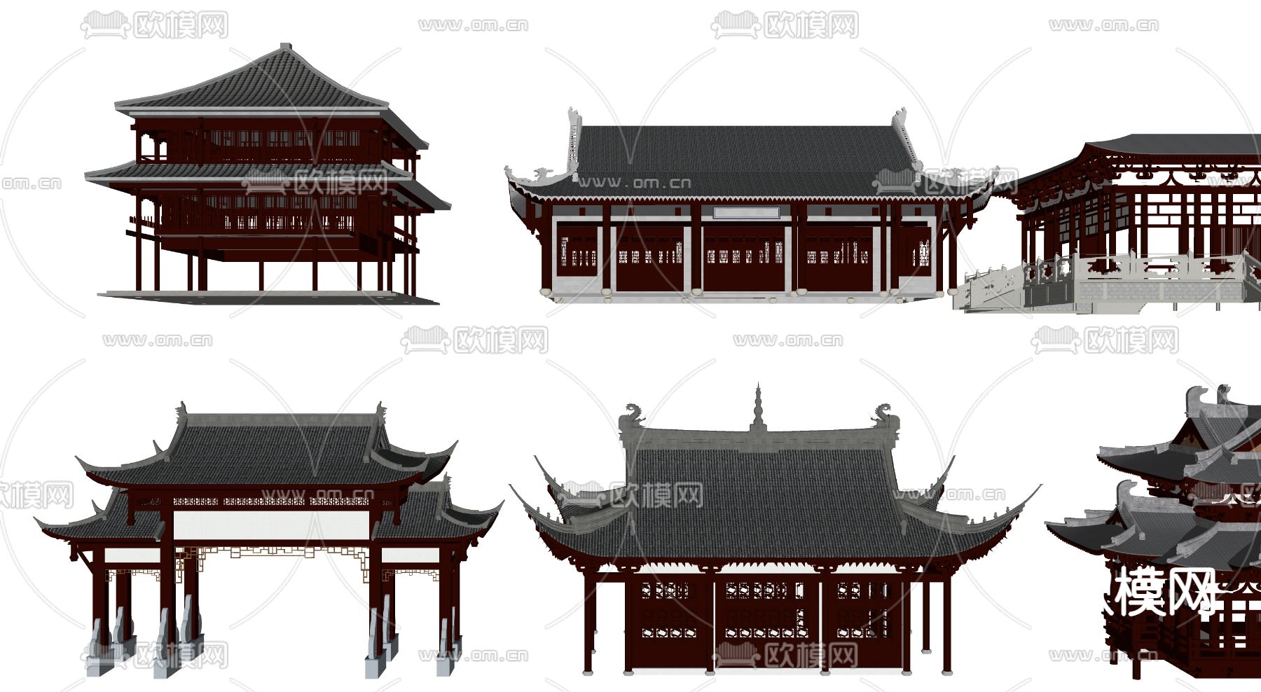 现代古建筑 古街道古庙su模型下载（渲染图2）