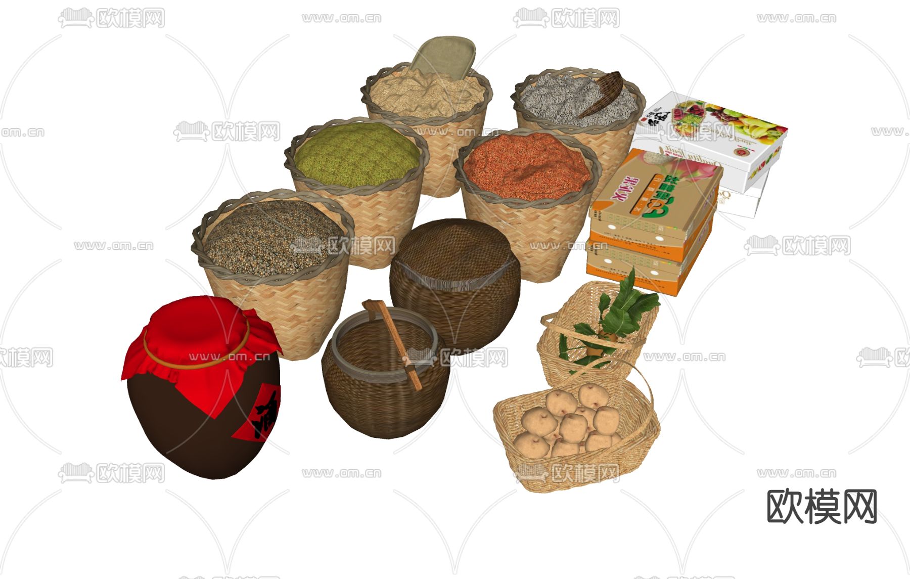 食物 粮食 酒钢 大米 蔬菜 竹篮su模型下载（渲染图1）