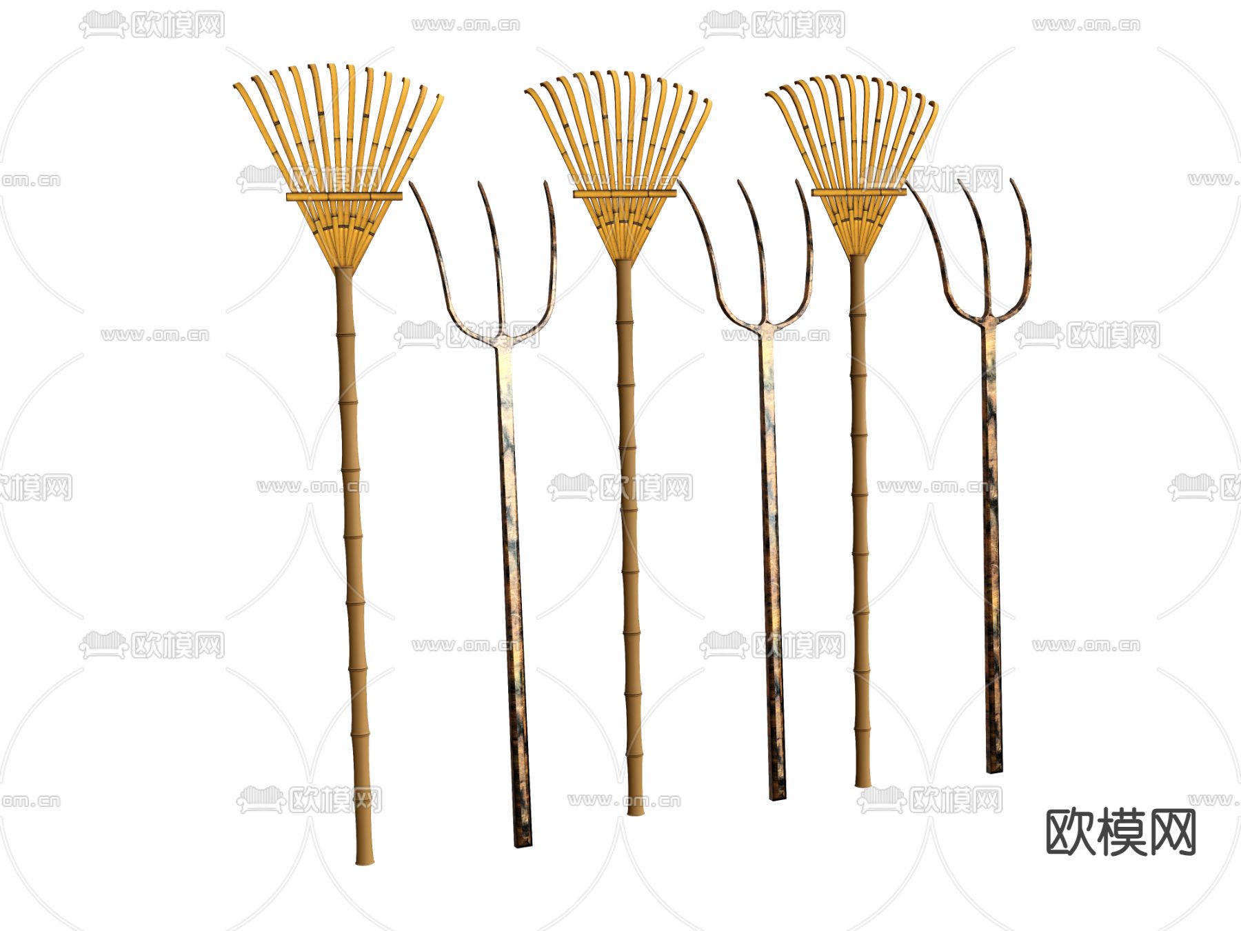 竹耙子 农耕工具 草耙su模型下载（渲染图2）
