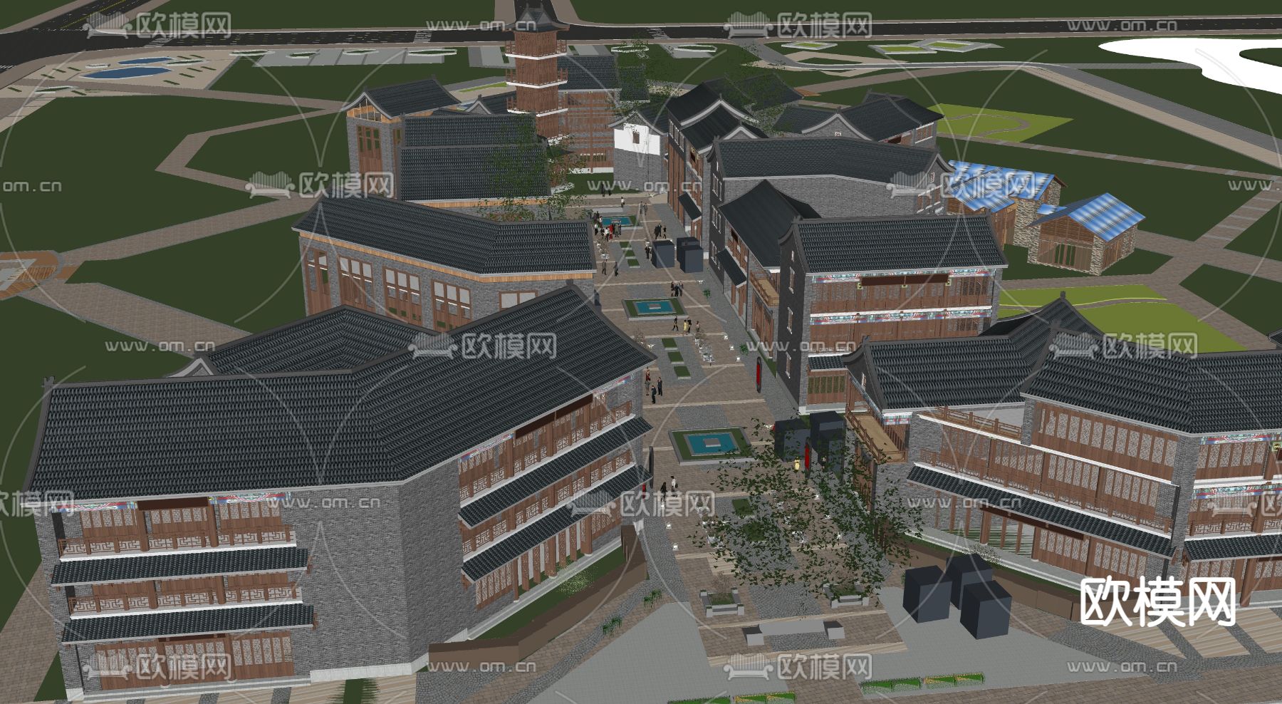 现代古建筑 古街道古庙su模型下载（渲染图2）