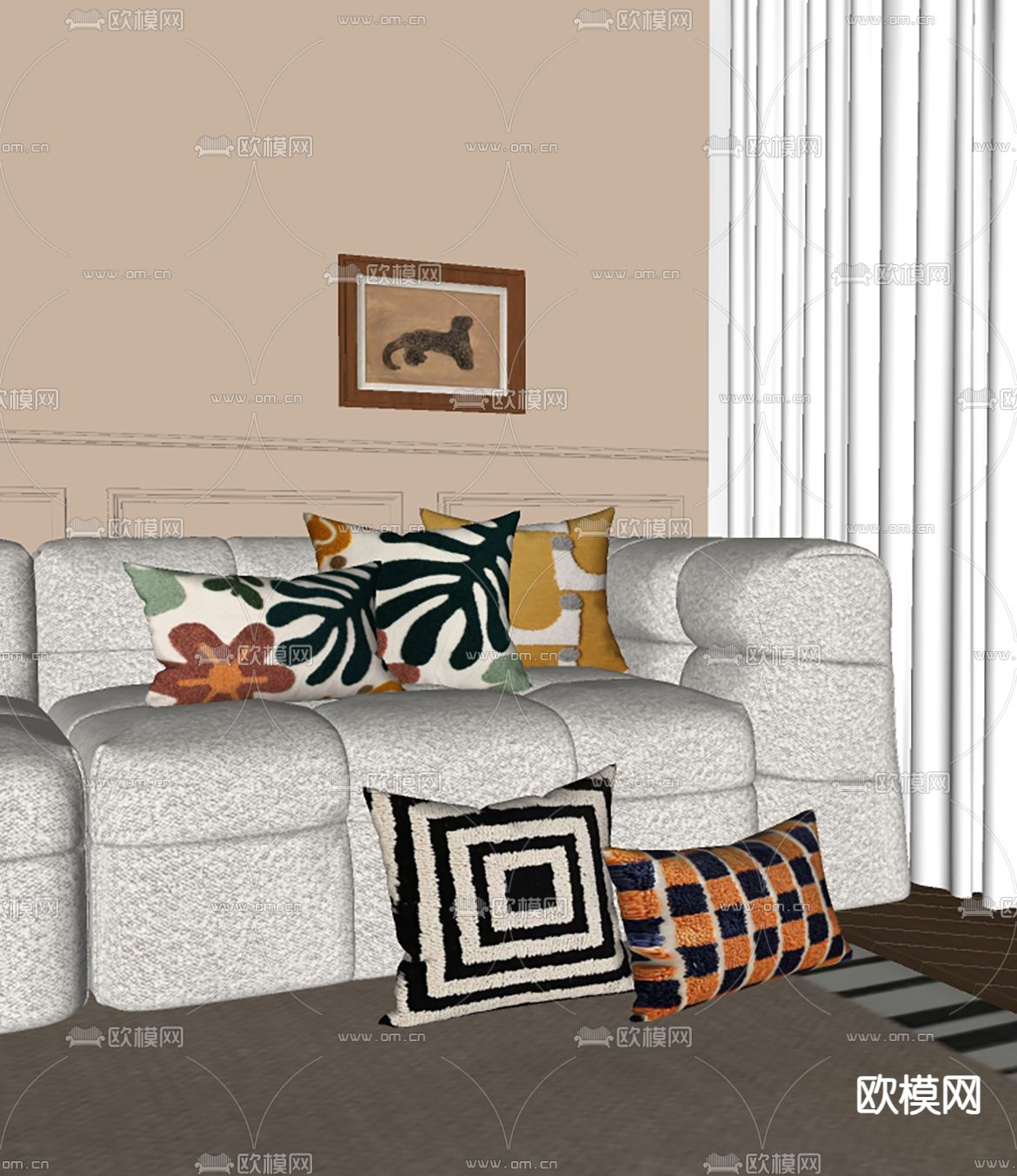 奶油风羊毛抱枕 靠枕su模型下载（渲染图1）