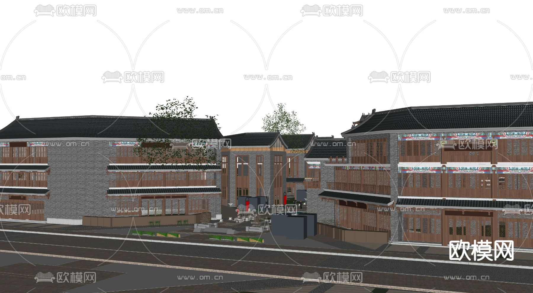现代古建筑 古街道古庙su模型下载（渲染图3）