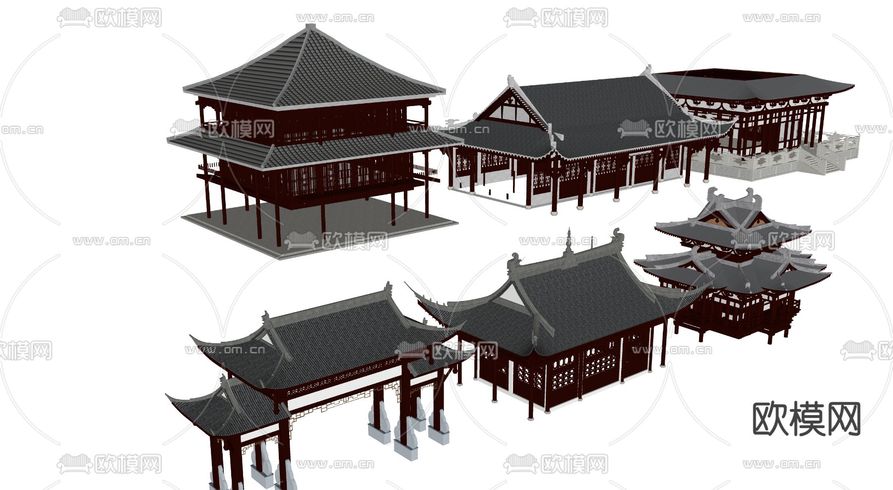 现代古建筑 古街道古庙su模型下载（渲染图3）