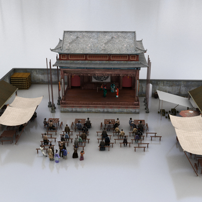  古代戏台 商业街小品su模型 