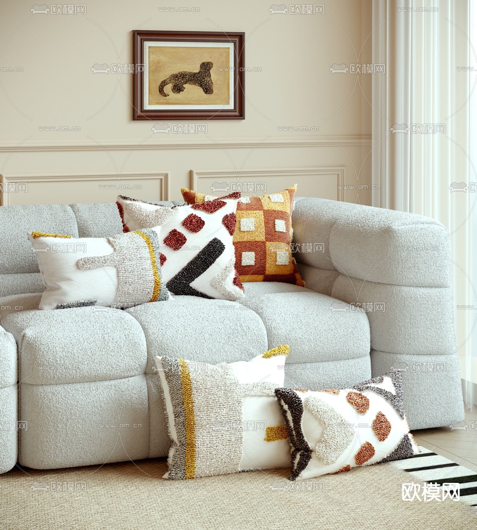 奶油风羊毛抱枕 靠枕su模型下载（渲染图2）