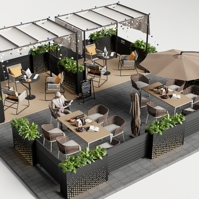  咖啡厅外摆 户外桌椅su模型 