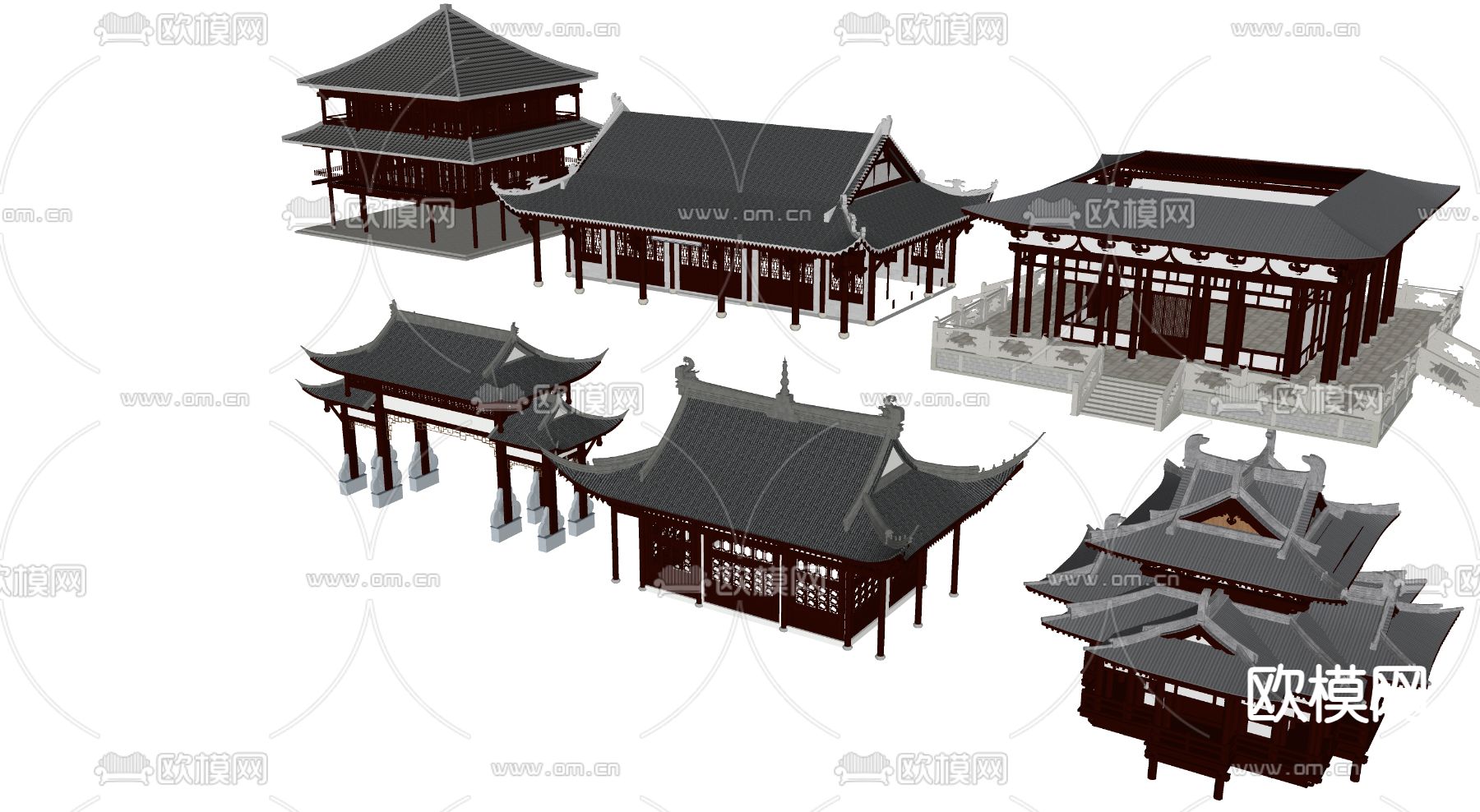 现代古建筑 古街道古庙su模型下载（渲染图1）