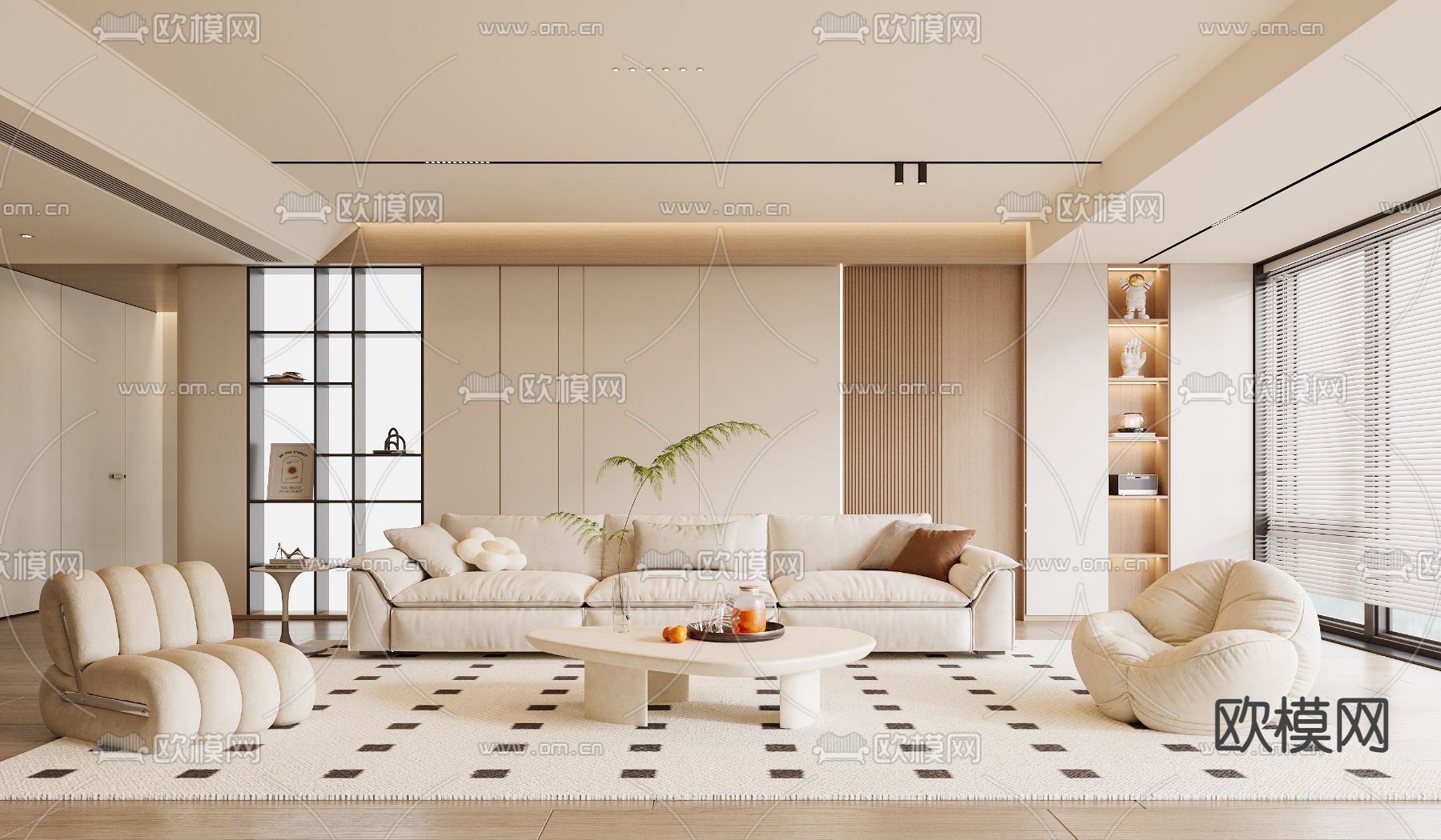 奶油风客厅3d模型下载