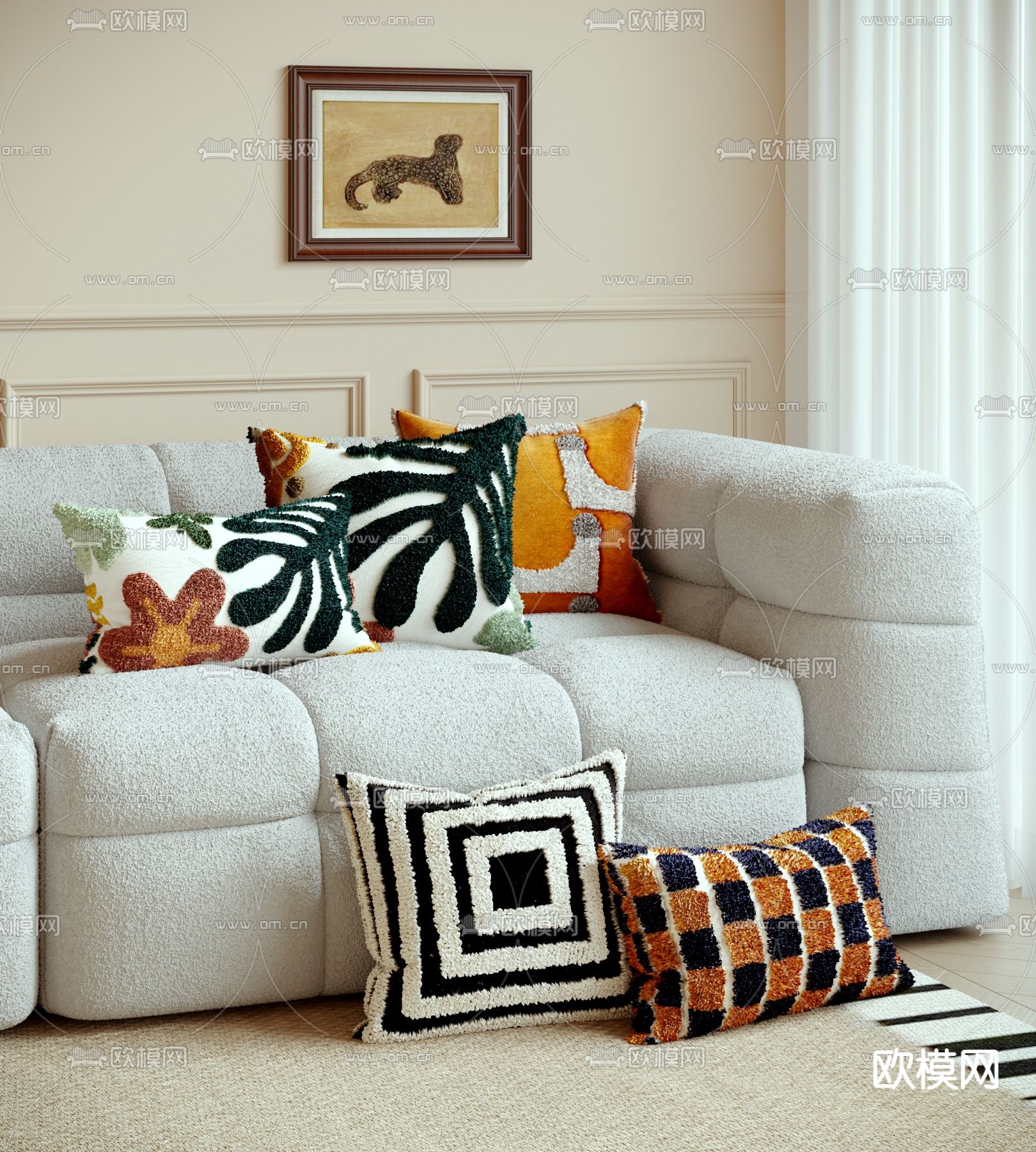 奶油风羊毛抱枕 靠枕su模型下载（渲染图2）