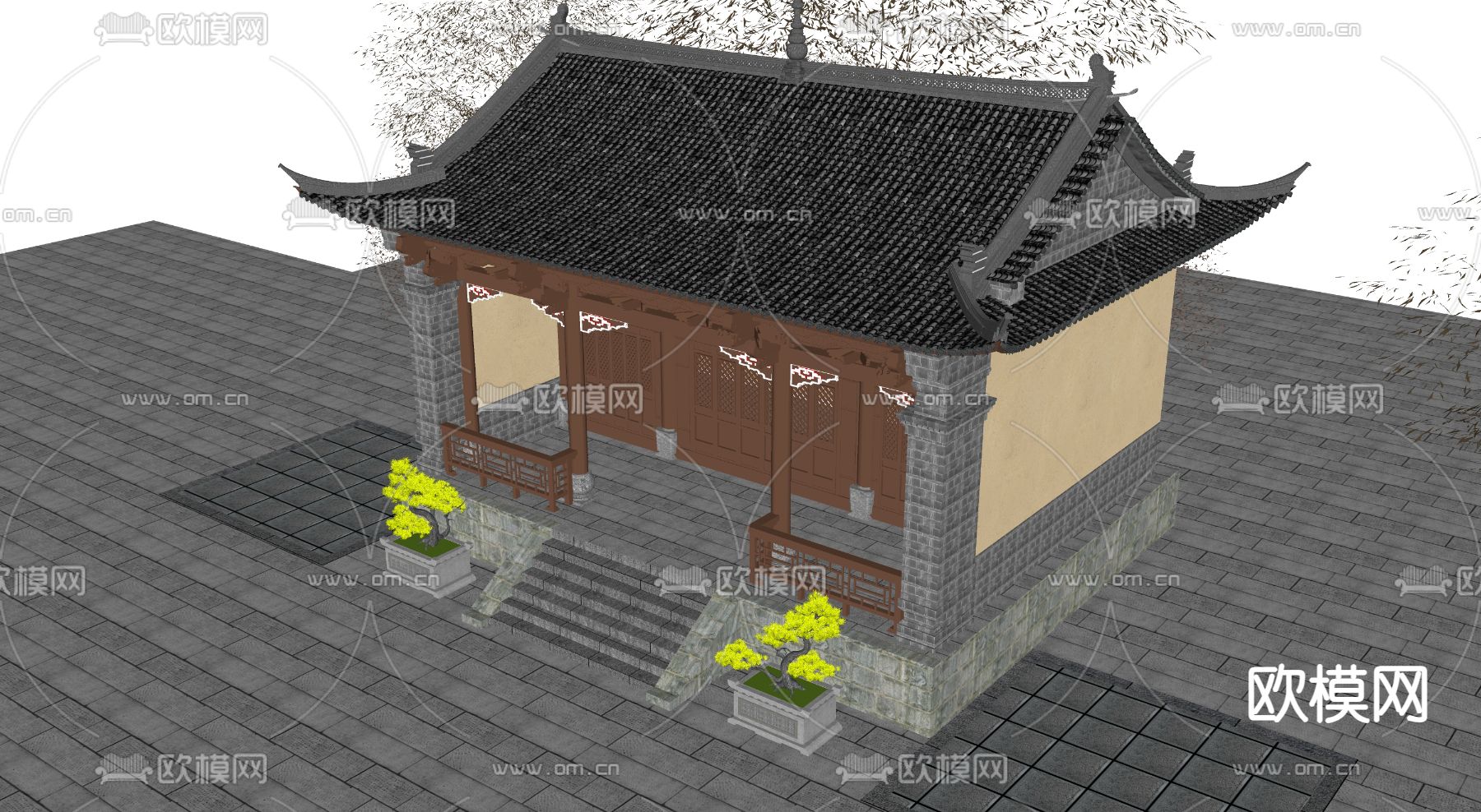 古建筑 古街道古庙su模型下载（渲染图1）