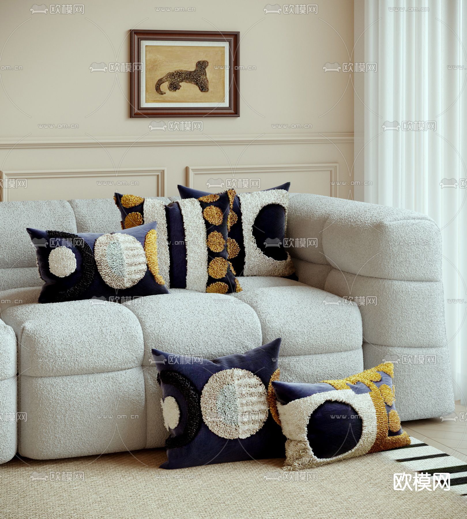 奶油风羊毛抱枕 靠枕su模型下载（渲染图2）