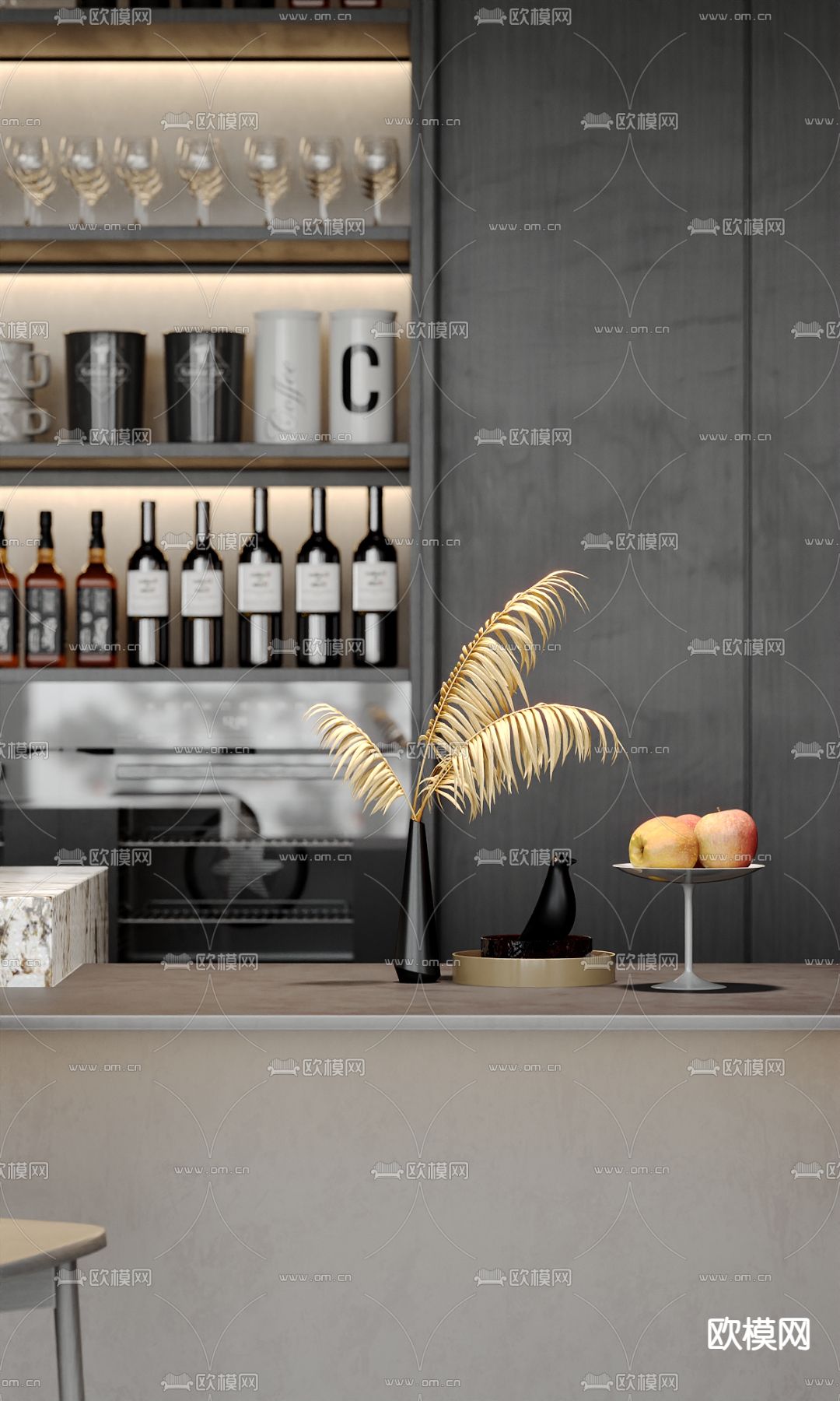 现代家居酒吧台su模型下载（渲染图2）