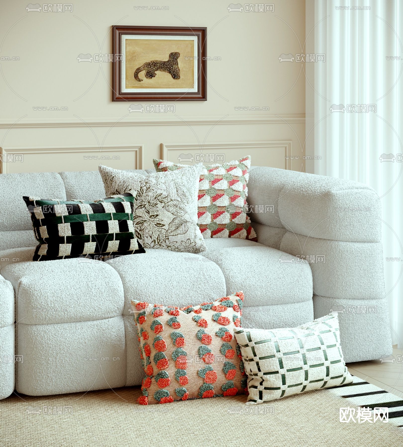 奶油风羊毛抱枕 靠枕su模型下载（渲染图2）