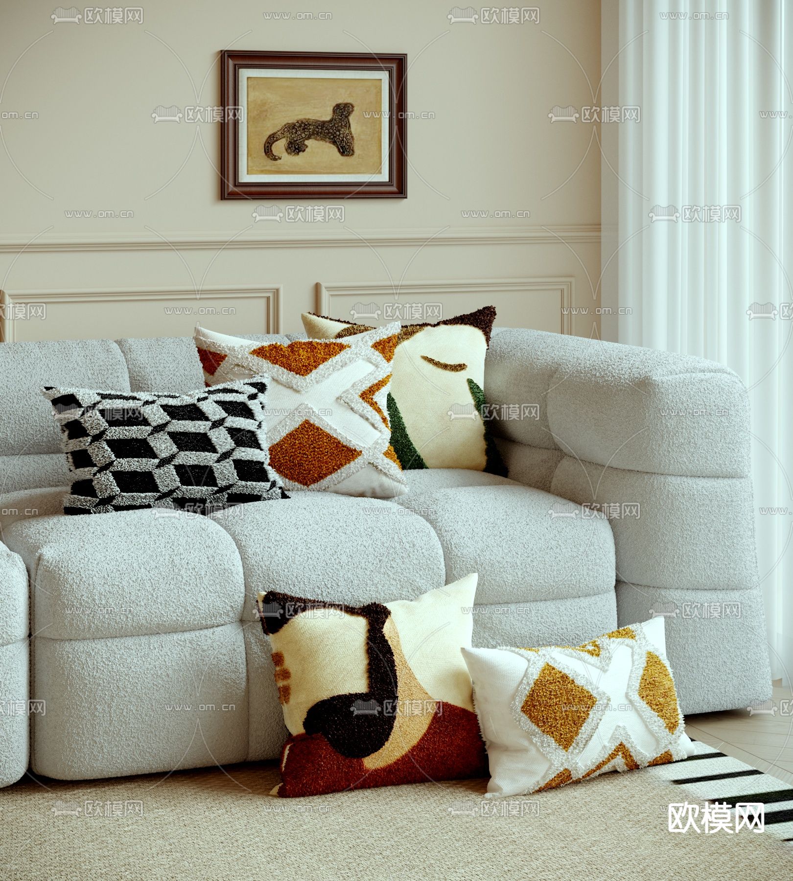 奶油风羊毛抱枕 靠枕su模型下载（渲染图2）