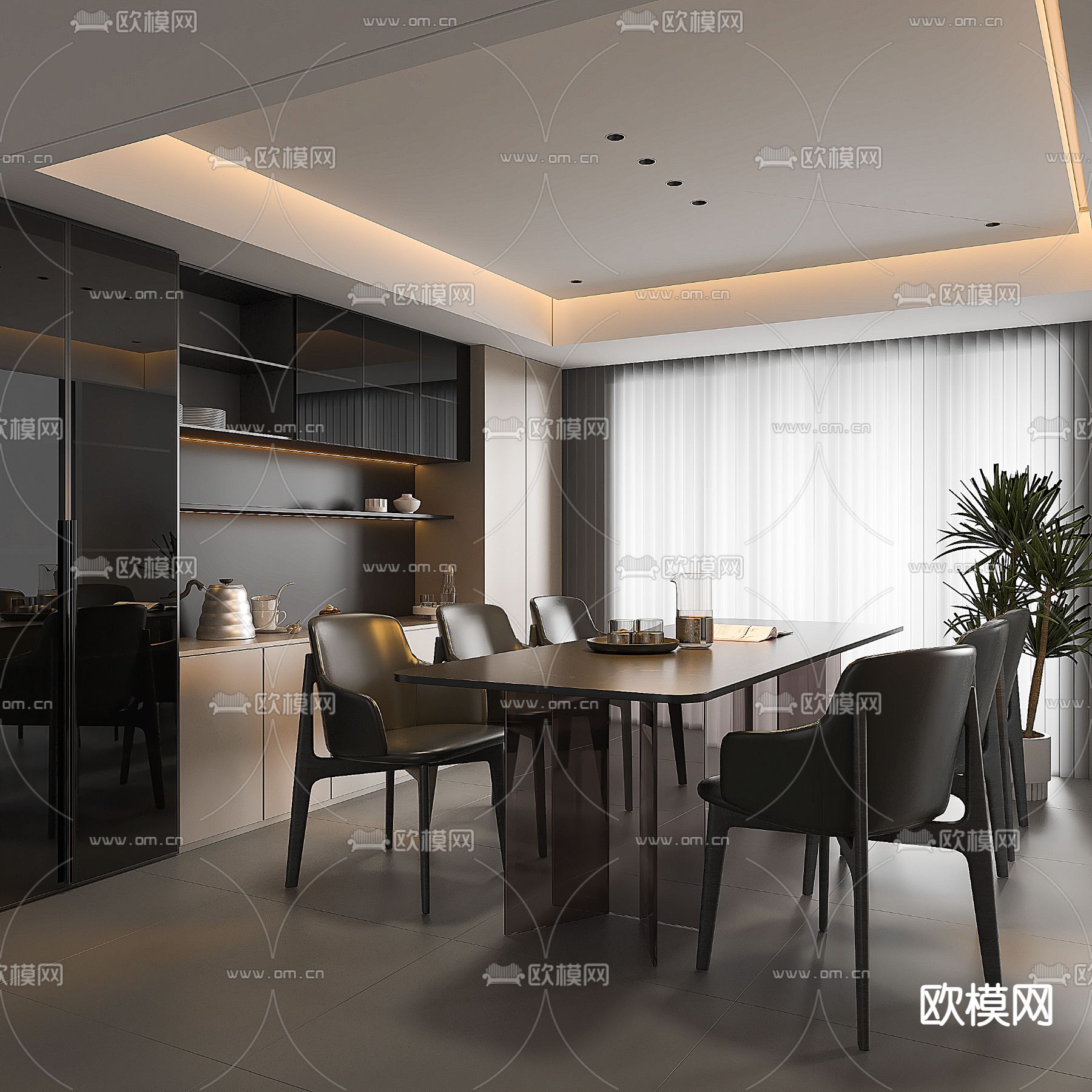 暗黑餐厅 长方形餐桌 3d模型下载（渲染图1）