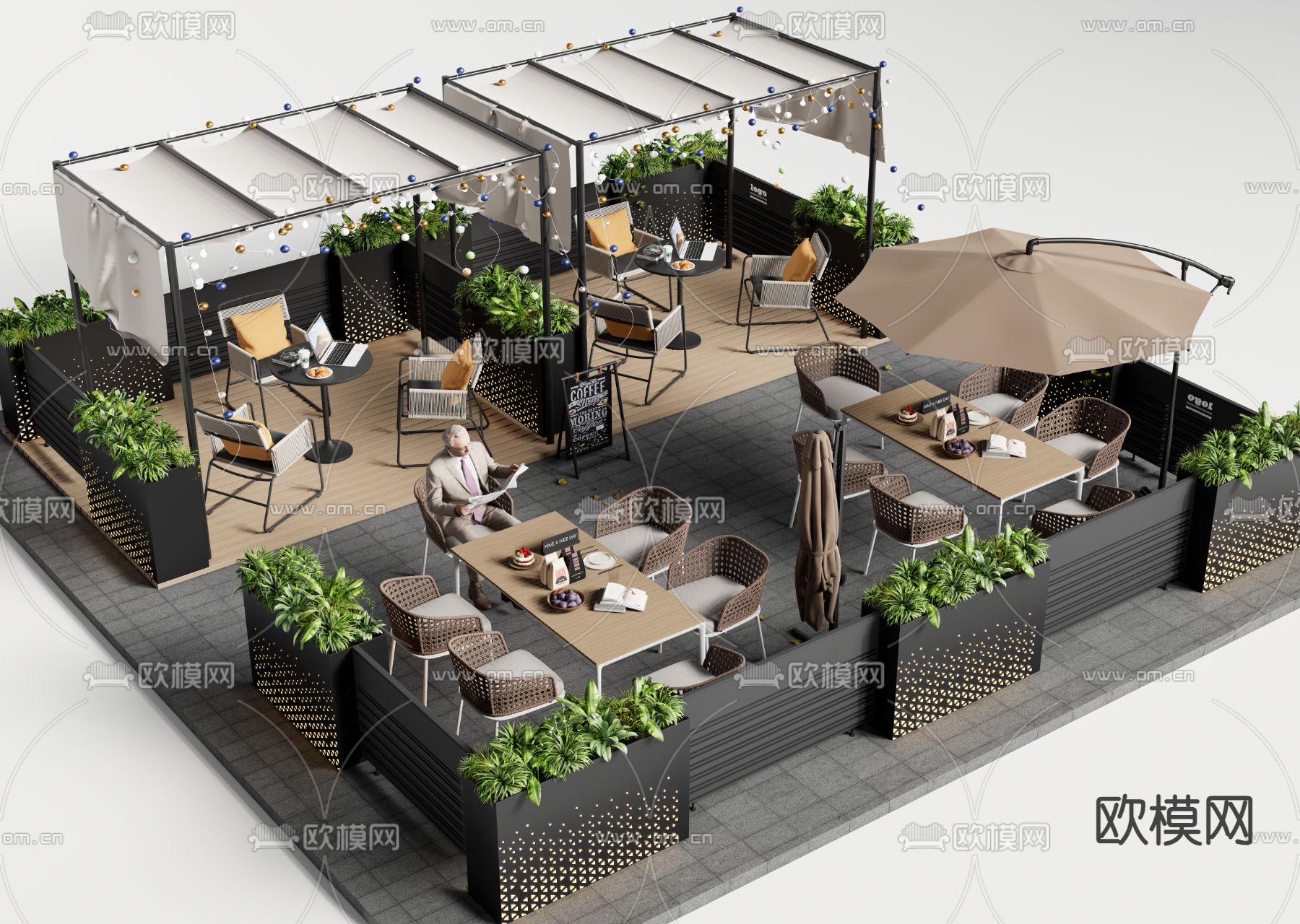 咖啡厅外摆 户外桌椅su模型下载（渲染图2）