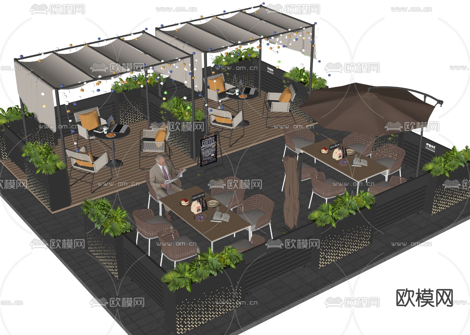 咖啡厅外摆 户外桌椅su模型下载（渲染图1）