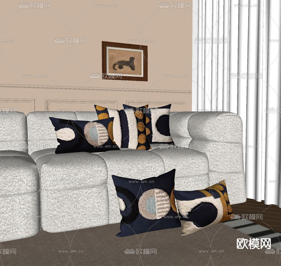 奶油风羊毛抱枕 靠枕su模型下载（渲染图1）