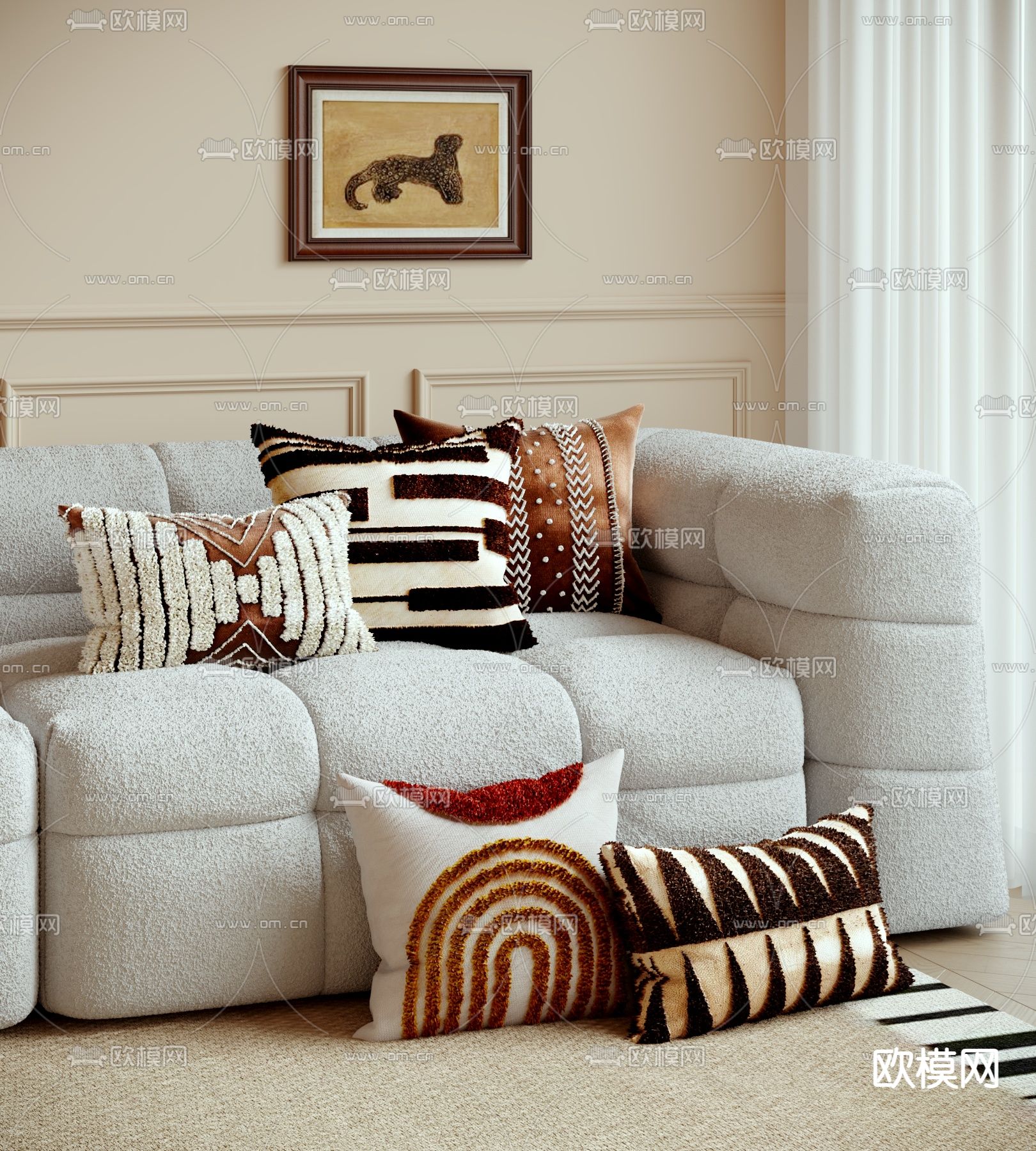 奶油风羊毛抱枕 靠枕su模型下载（渲染图2）