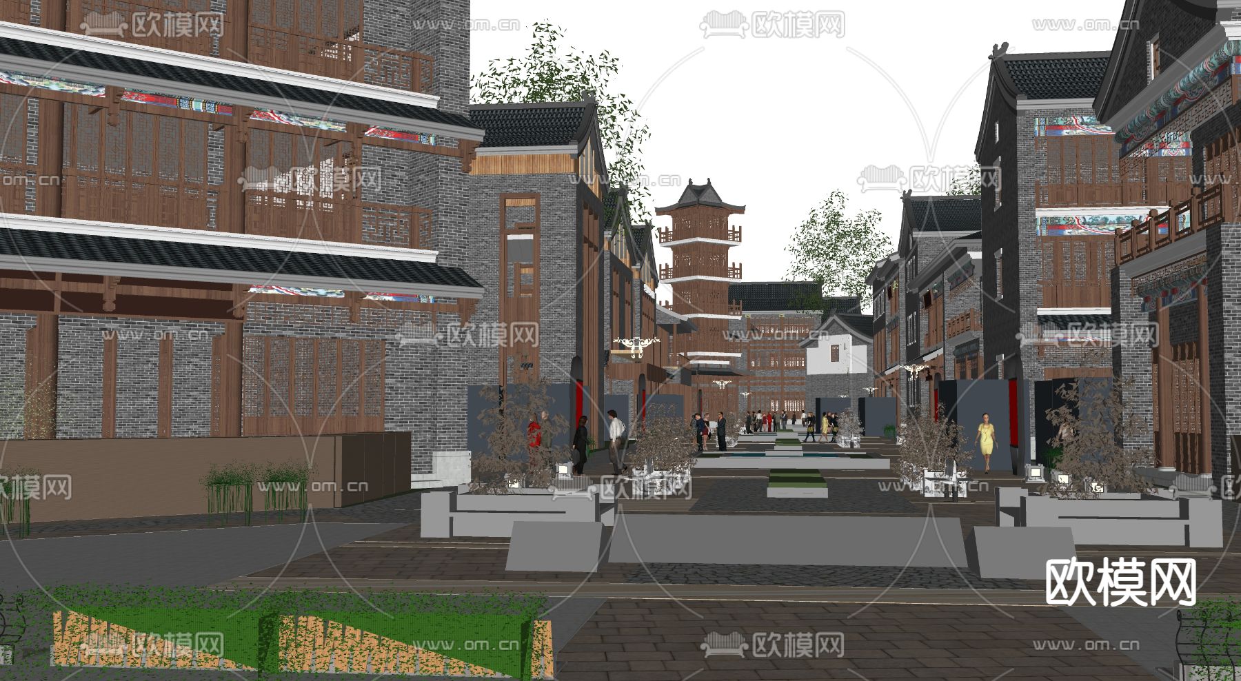 现代古建筑 古街道古庙su模型下载（渲染图1）