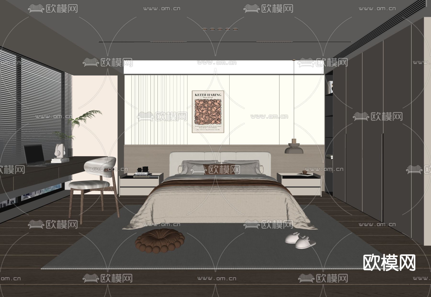 奶油风卧室 主卧 主人房su模型下载（渲染图2）