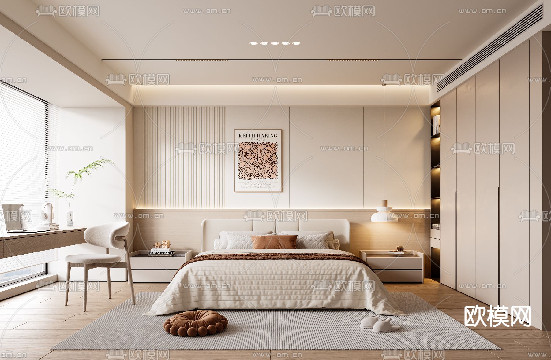 奶油风卧室 主卧 主人房su模型下载（渲染图1）