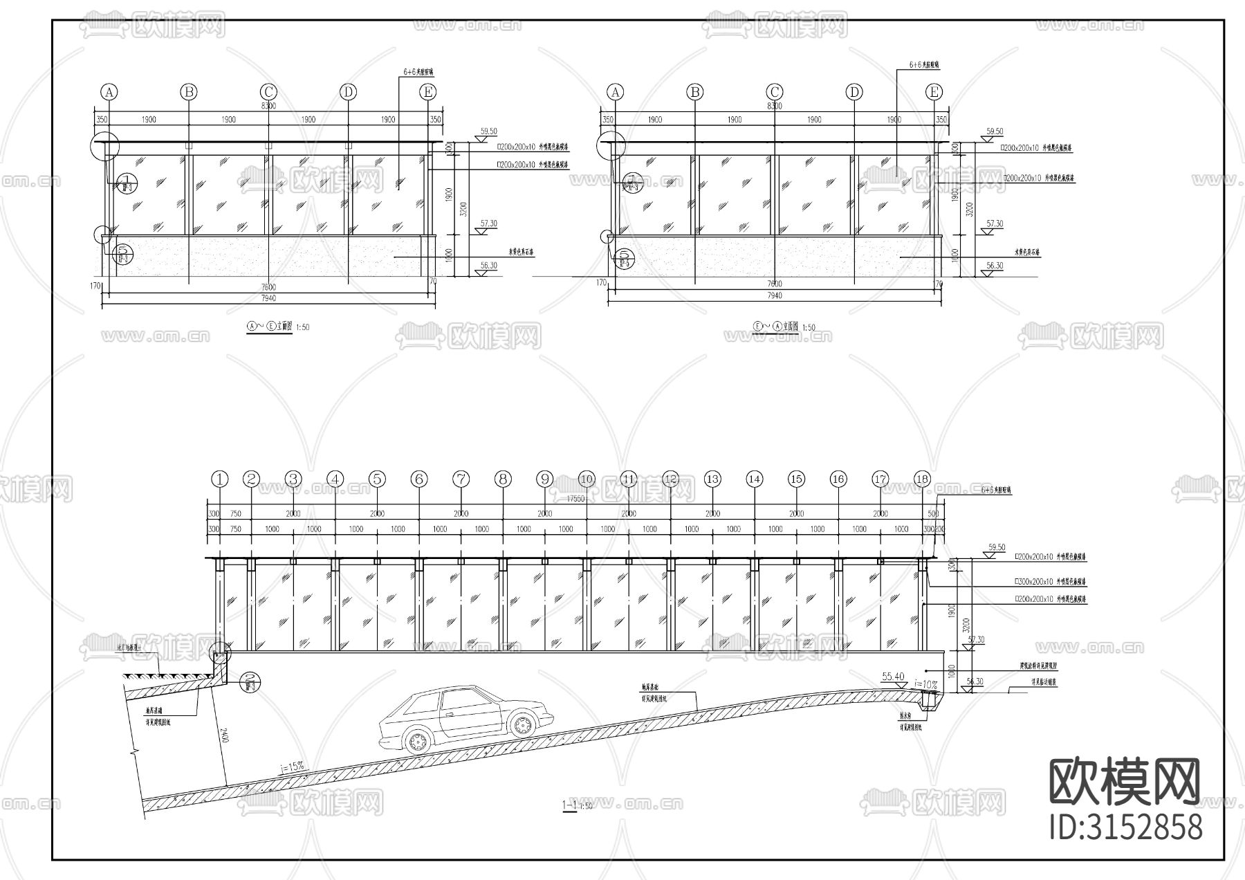 地下室出入口廊架cad施工图下载（渲染图2）