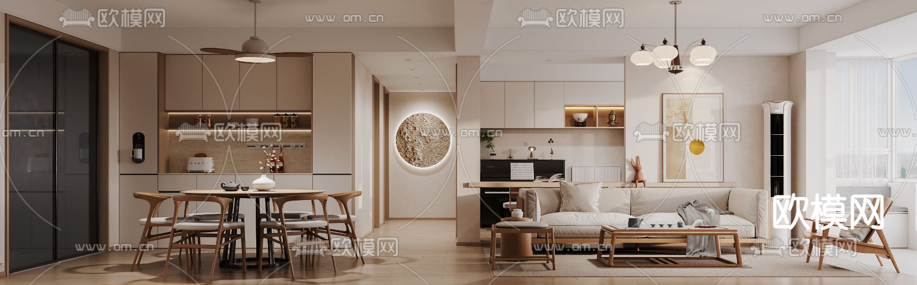 日式客餐厅 圆形餐桌3d模型下载（渲染图1）