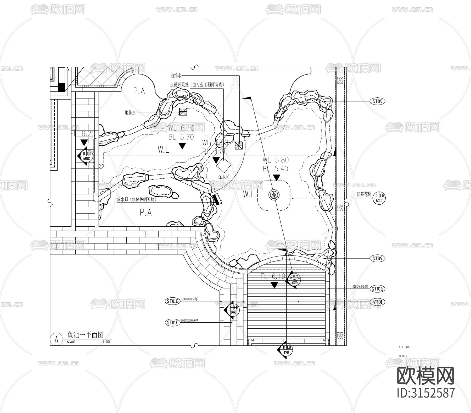 景观鱼池水景cad施工图下载（渲染图3）
