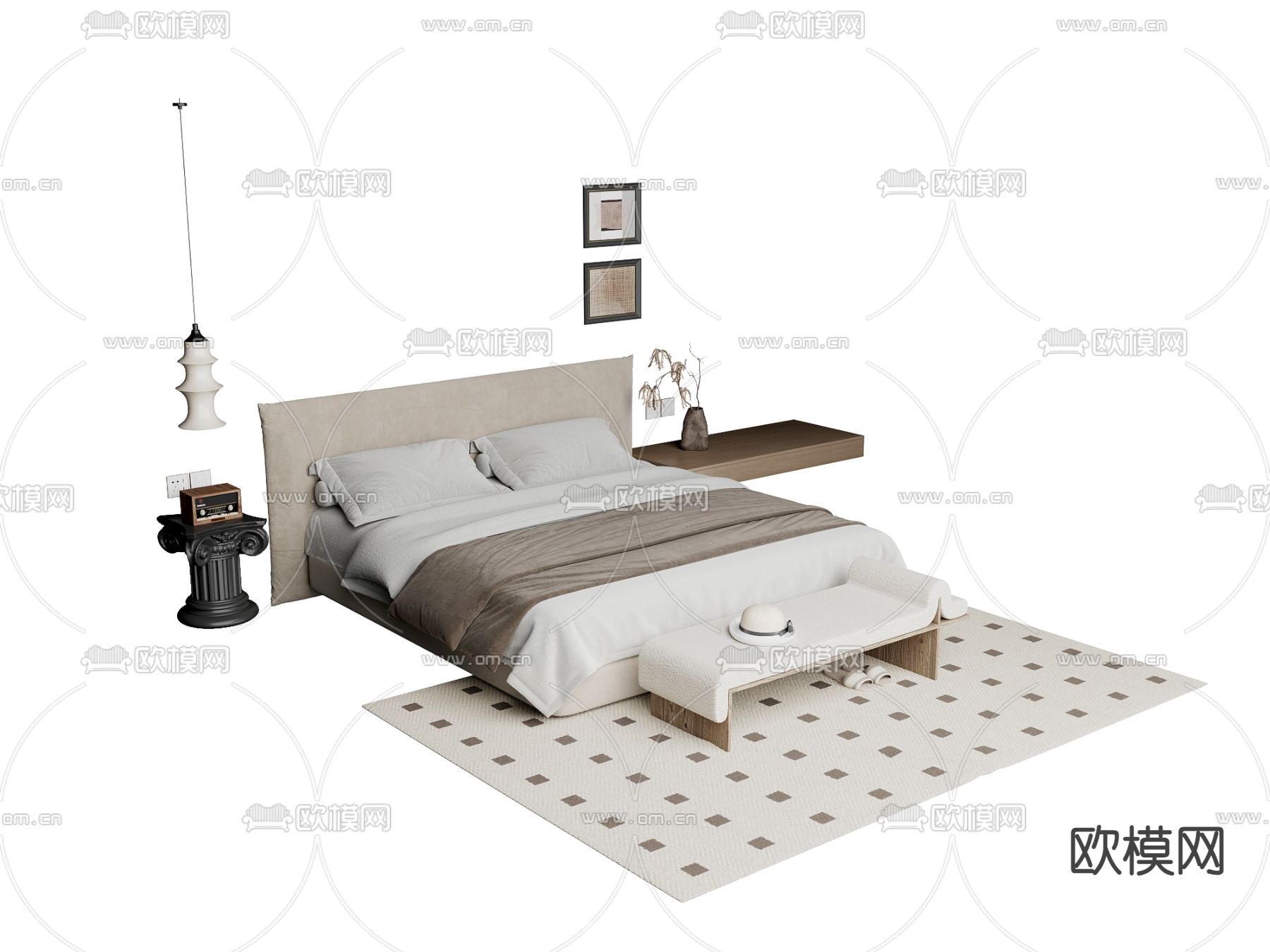 侘寂双人床3d模型下载