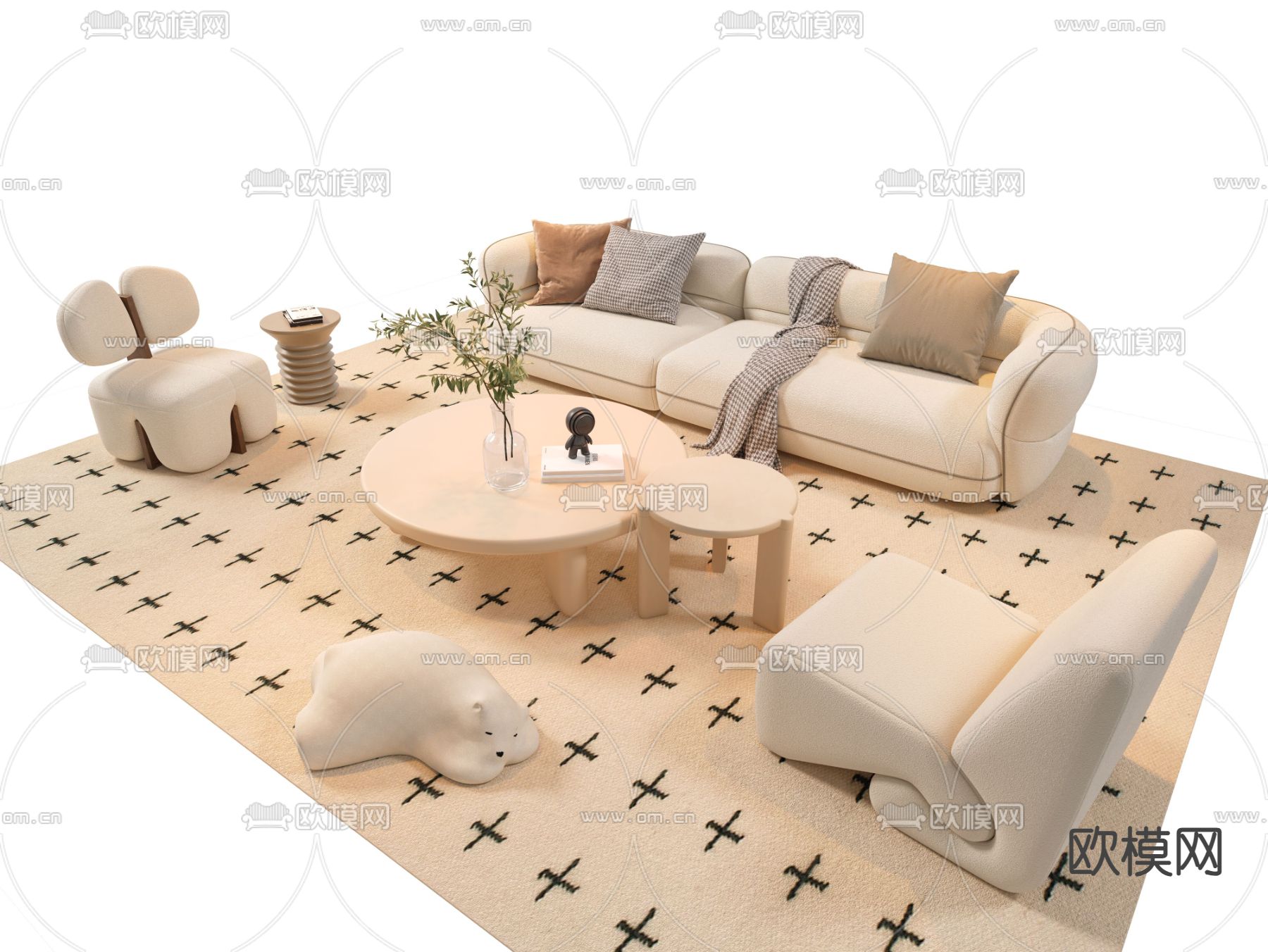 奶油风组合沙发3d模型下载