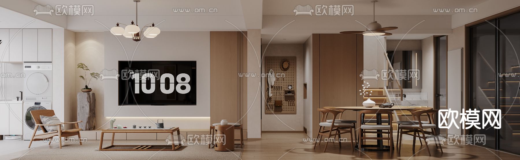 日式客餐厅 圆形餐桌3d模型下载（渲染图2）