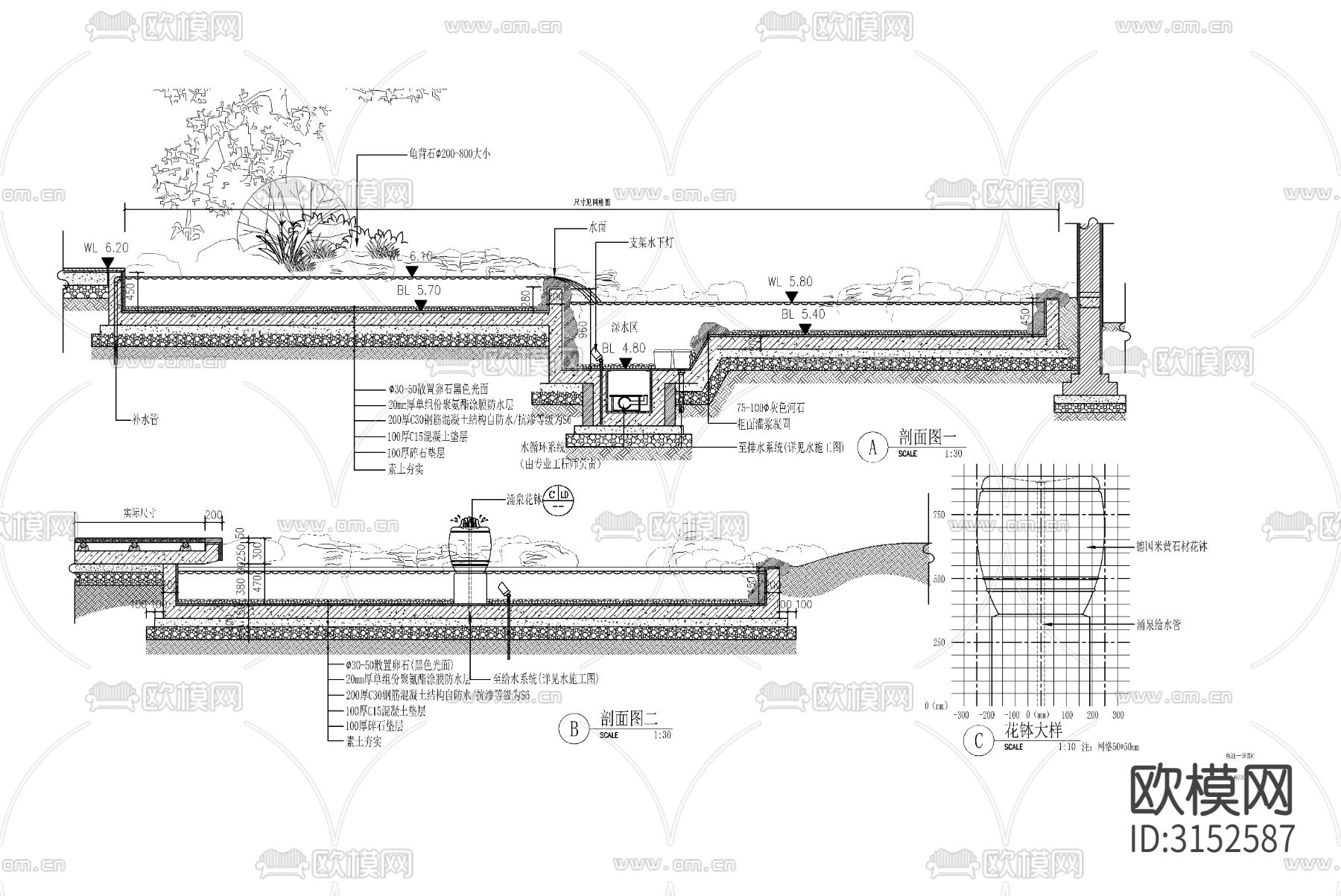 景观鱼池水景cad施工图下载（渲染图2）