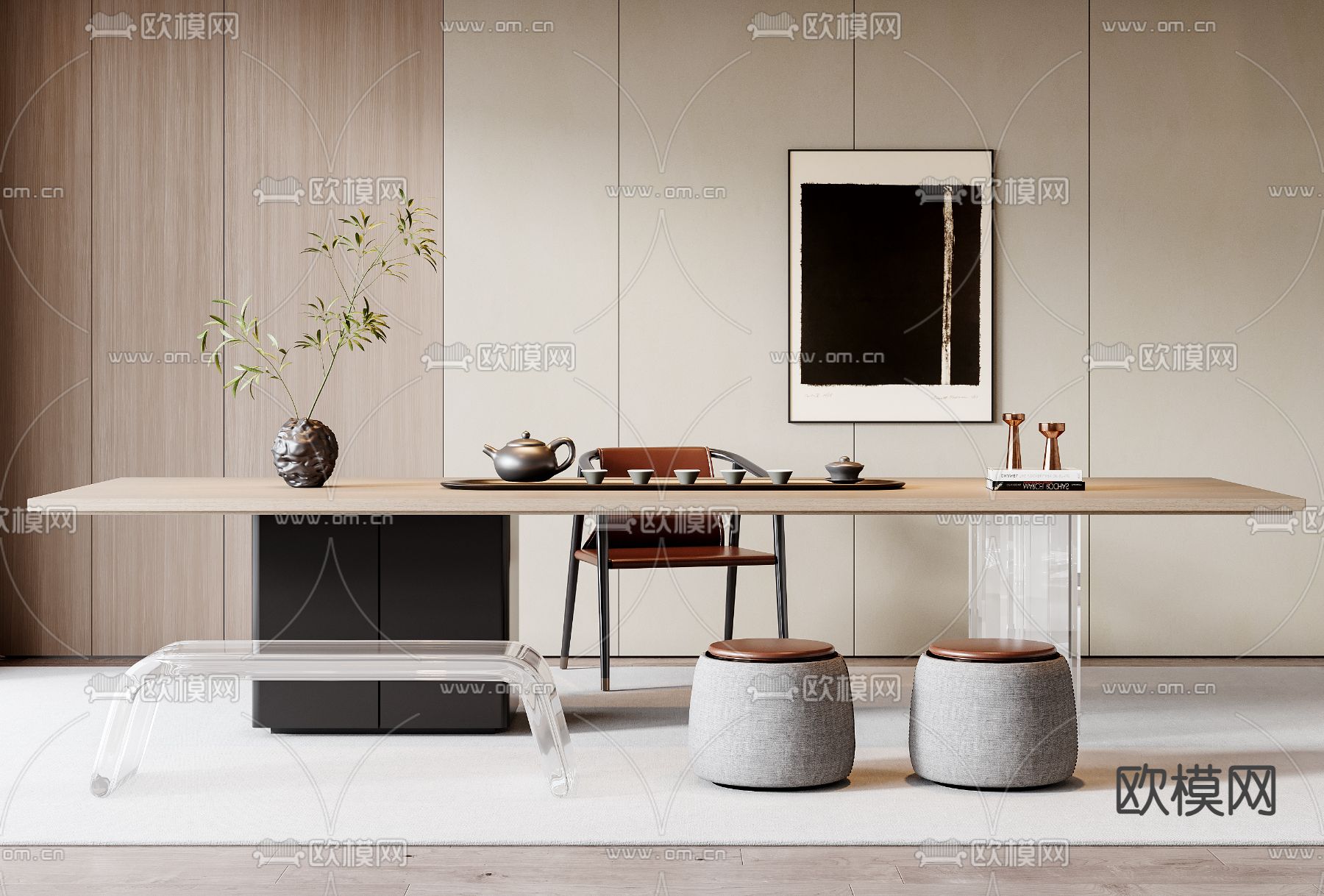 现代木质茶桌椅3d模型下载